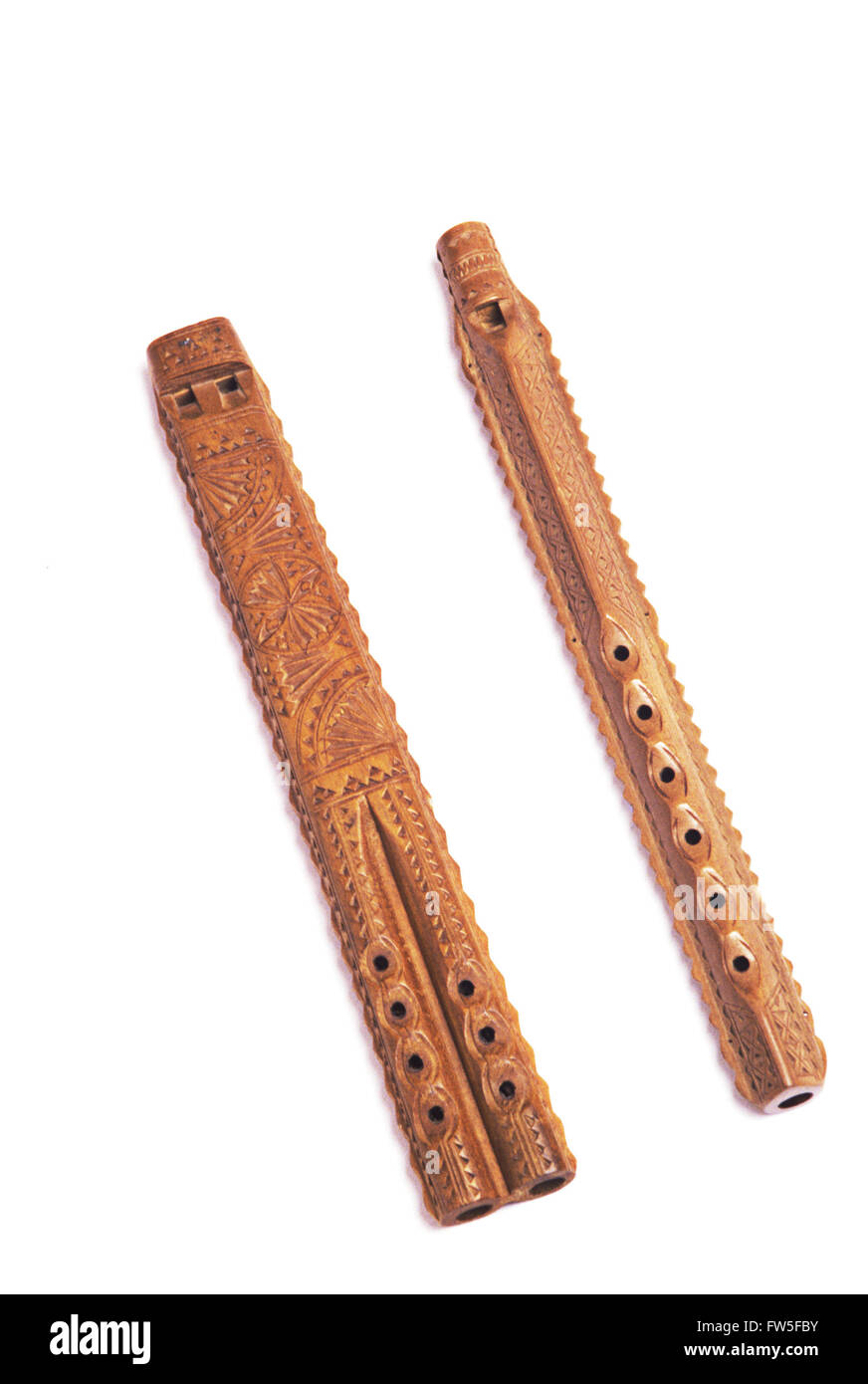 Carved flutes from Balkans. Double barrel and one single pipe. Jugoslav
