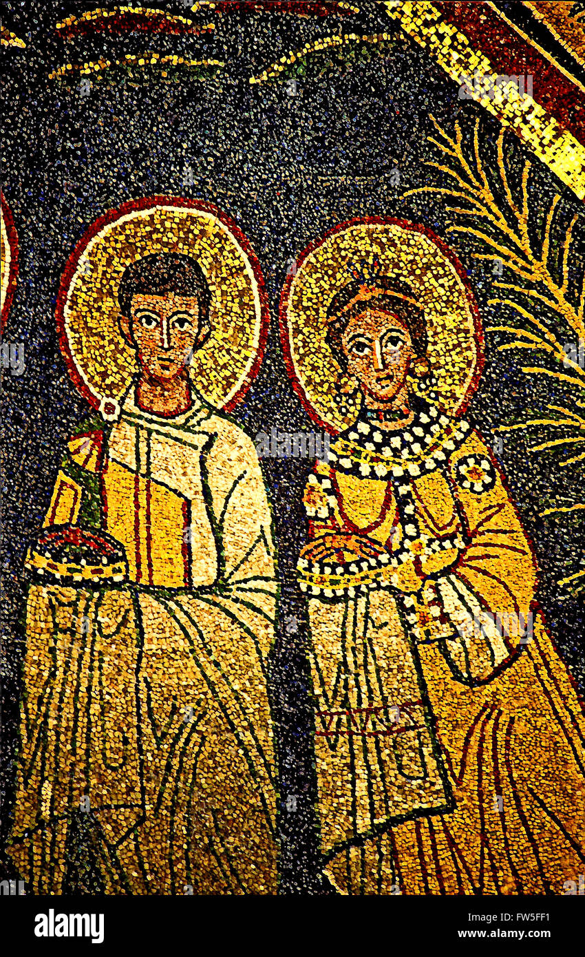 Saint Cecilia with her husband Saint Valerian. Mosaic in apse at