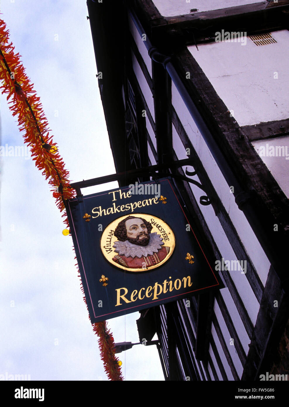 William Shakespeare - portrait of the English poet and playwright on a sign for 'The Shakespeare' pub, Stratford-upon-Avon, Stock Photo