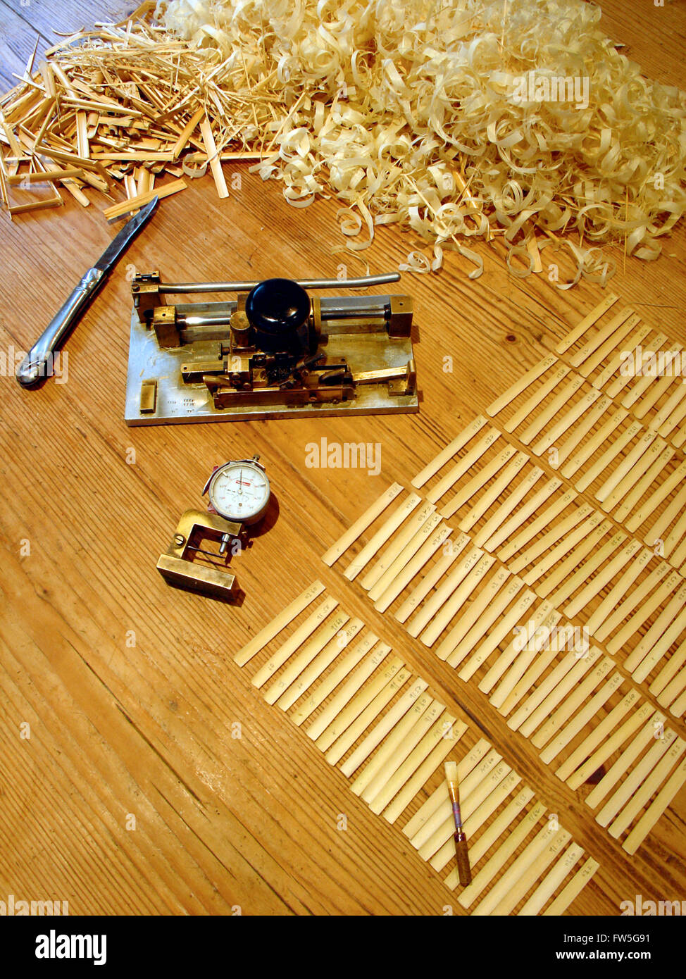 Reed cane (arundo donax) for making Oboe Reeds. Gouged cane pieces, with oboe reed, gouging machine (plane), dial micrometer. Stock Photo