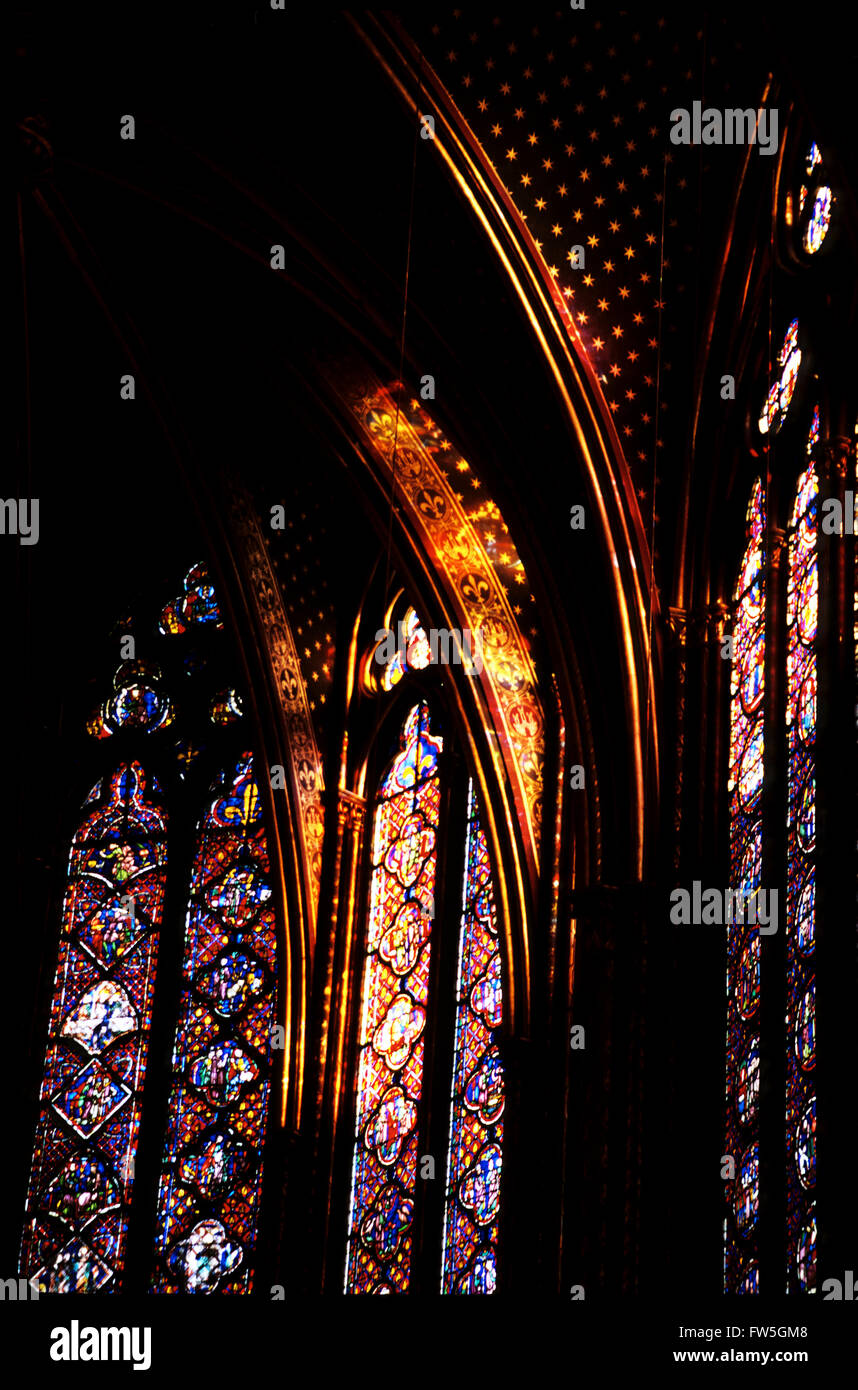 Paris  - Sainte Chapelle    13th C. Stained Glass Windows    & Fleur-de-Lys Arches Stock Photo