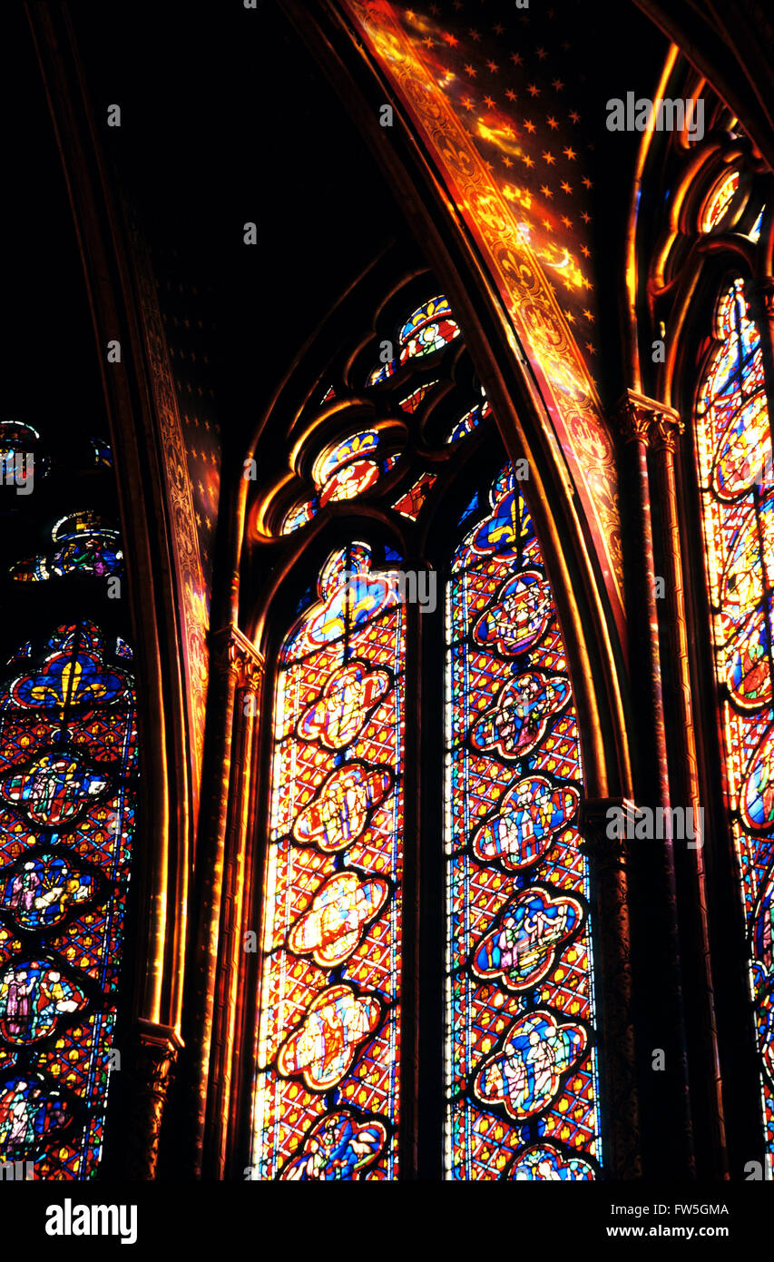 Paris  - Sainte Chapelle    13th C. Stained Glass Windows    & Fleur-de-Lys Arches Stock Photo