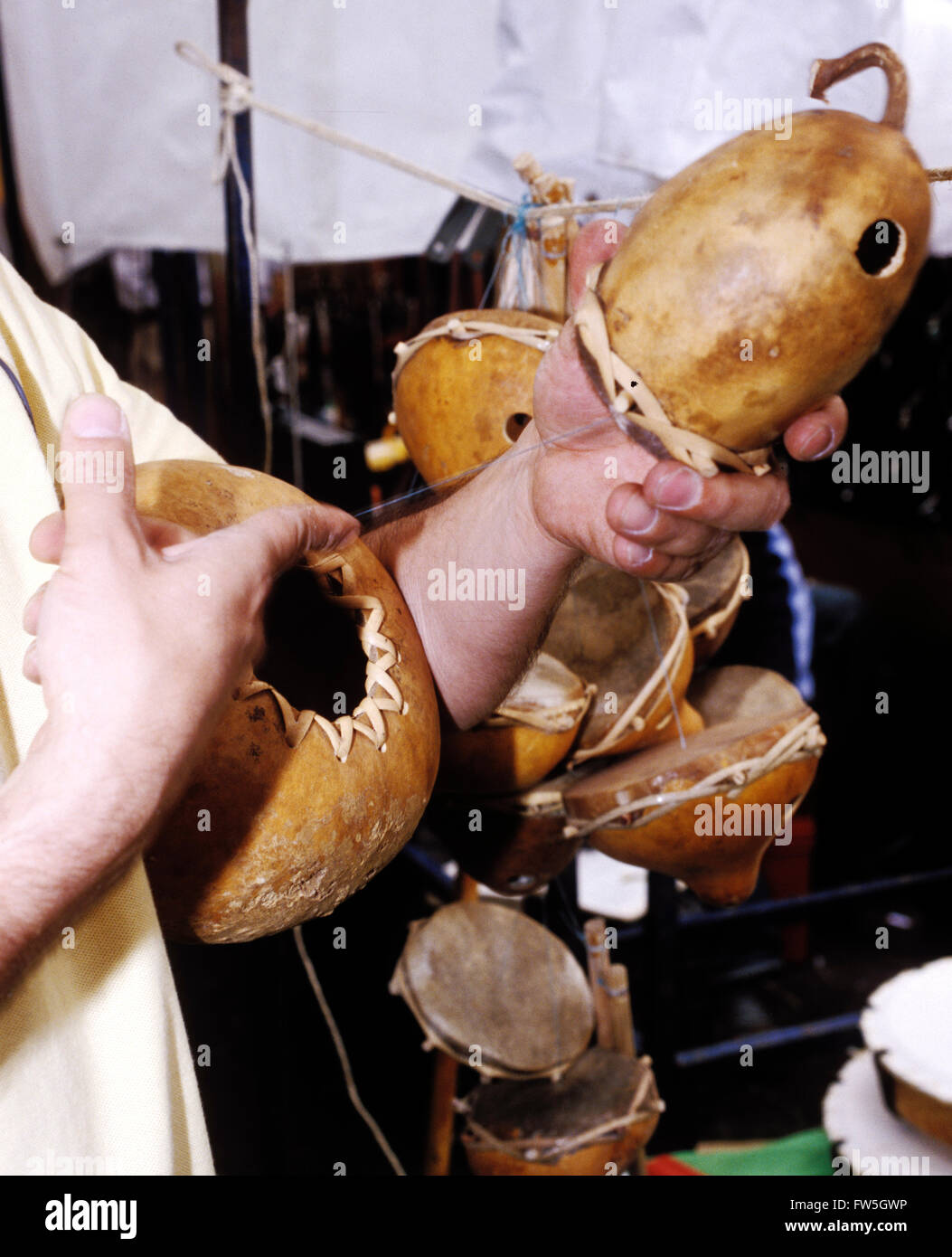 Mexican traditional folk instruments man plucking Giuacalon (plucked