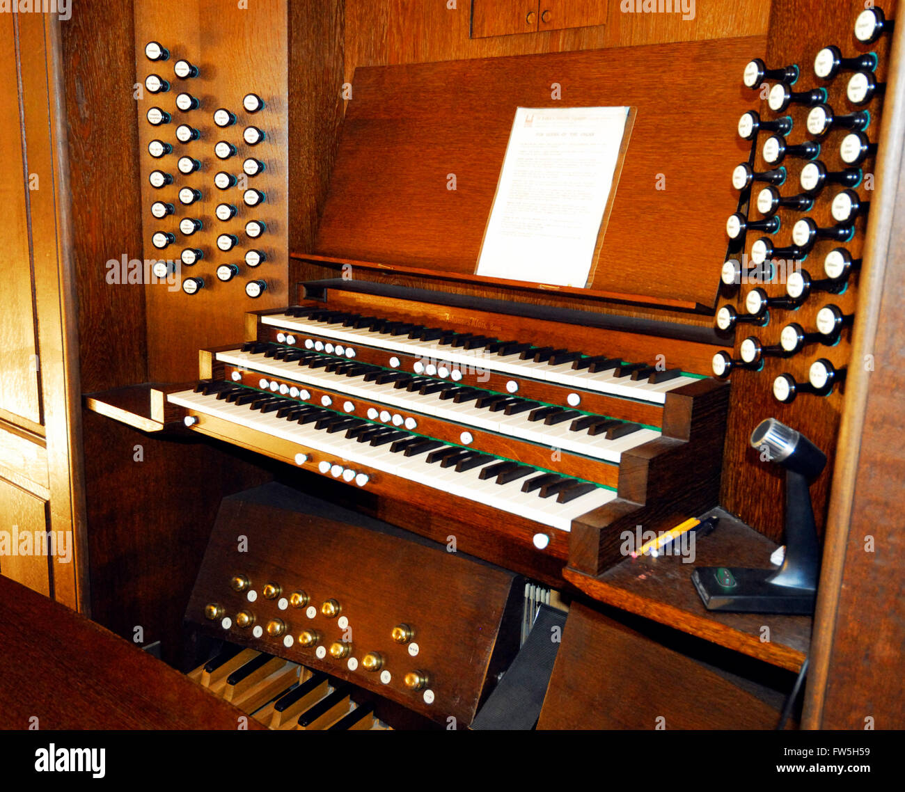 Organ stops and console, St. John’s Smith Square, Westminster concert hall , by Johannes Kleis, Bonn, the Sainsbury Organ 1993 Stock Photo