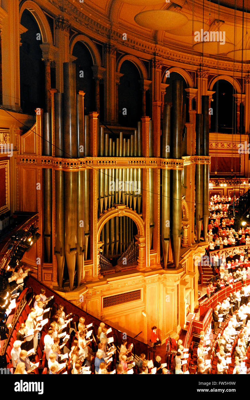 Royal Albert Hall, view from the 'gods', the highest seat in the house, over the organ with 32 foot pipes. Stock Photo