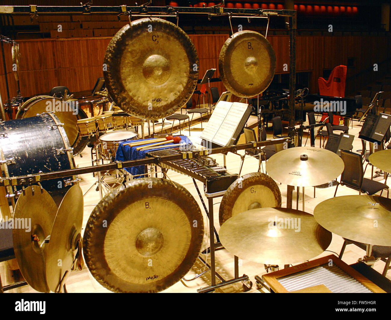 Percussion – gongs and cymbals, suspended cymbals,  on concert platform Stock Photo