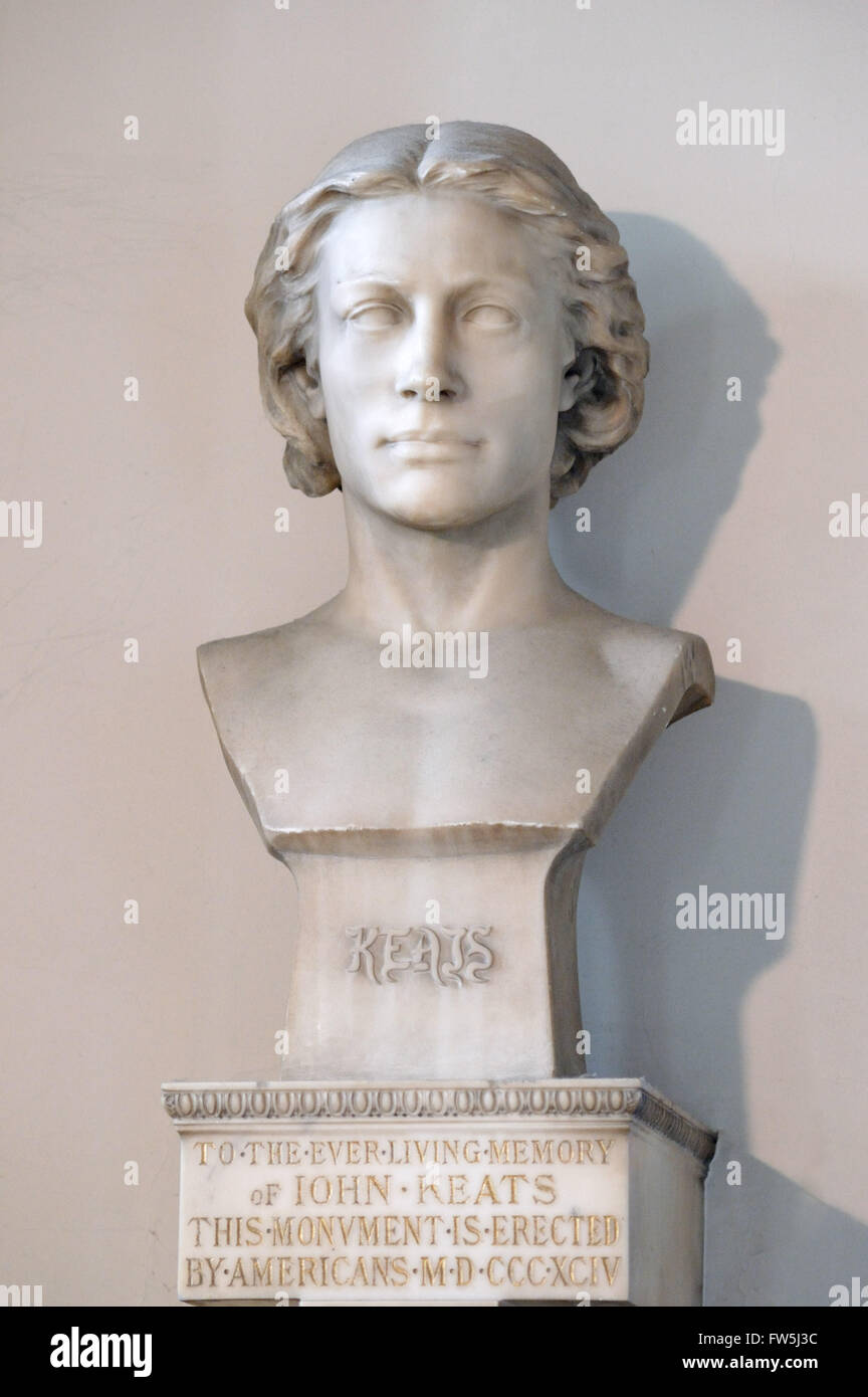 marble bust of John Keats, English poet, carved by Miss Anne Whitney of Boston, Massachusetts, donated in 1894, in Hampstead Parish church of St. John, London, NW3. Stock Photo