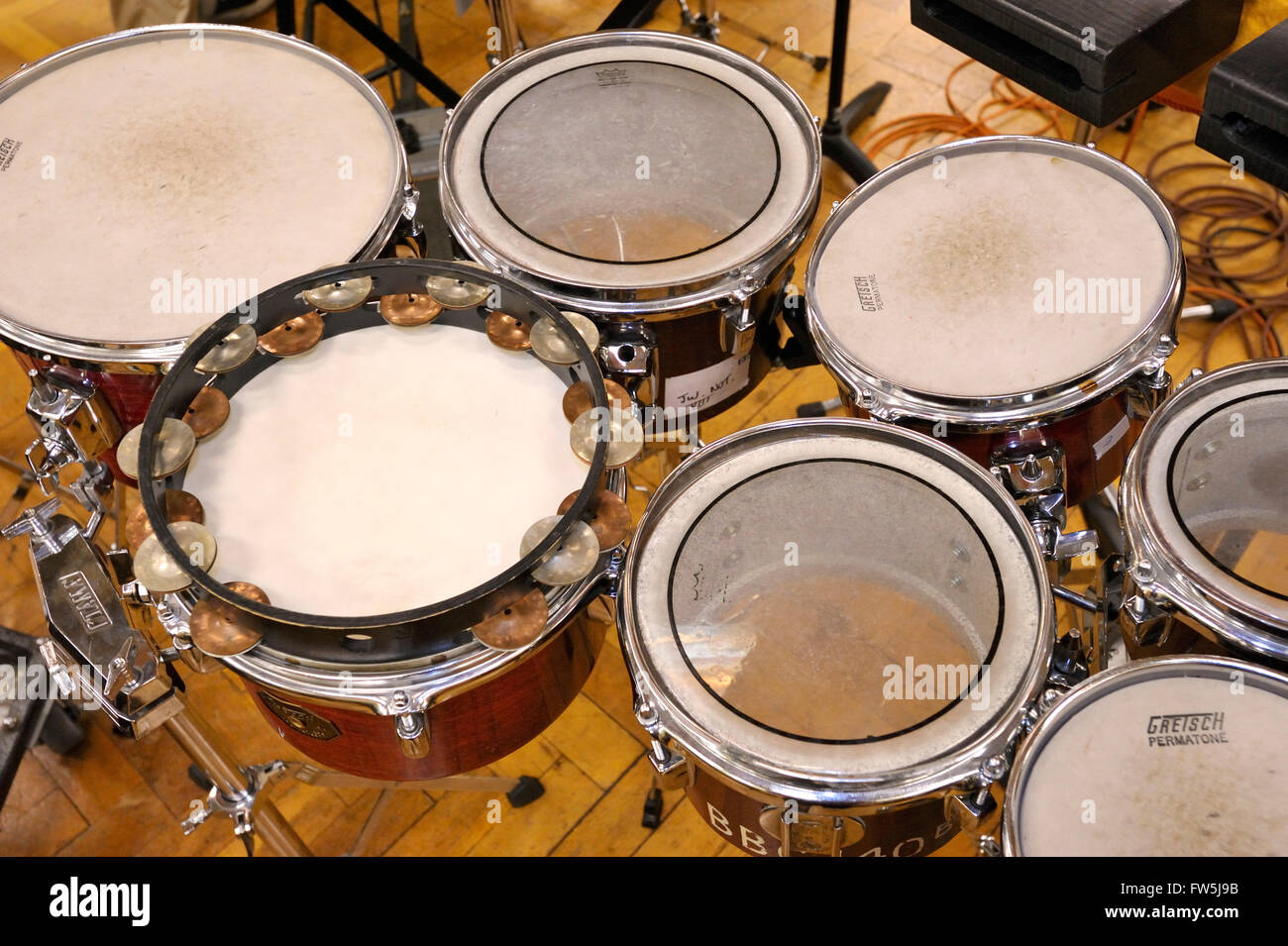 7 tom-toms, small hand-drums originating in Latin American music, used here in the modern symphony orchestra by Harrison Birtwhistle, in his Mask of Orpheus (for the BBC Proms 2009). Stock Photo