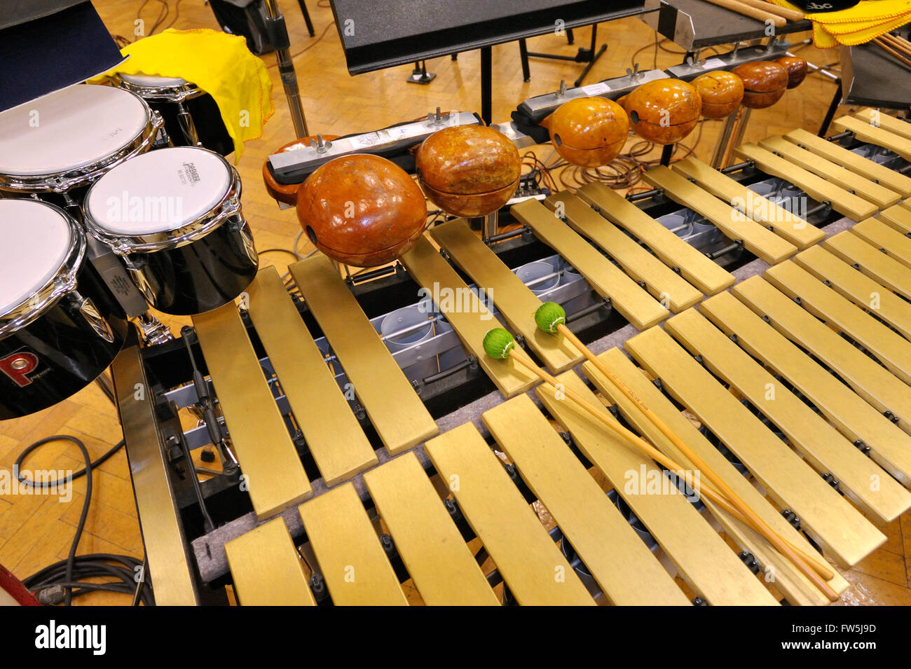 (seen with tom-toms, temple-blocks and beaters:) vibraphone, vibes, a percussion instrument struck with mallets. Similar in appearance to the xylophone and marimba, the vibraphone uses aluminum bars instead of wood. Each bar is paired with a resonator tube having a motor-driven butterfly valve at its upper end, mounted on a common shaft, to produce a tremolo or vibrato effect while spinning. The vibraphone also has a sustain pedal: when the pedal is up, the bars are all damped and the sound of each bar is quite short, with the pedal down, they will sound for several seconds. Frequently used in Stock Photo