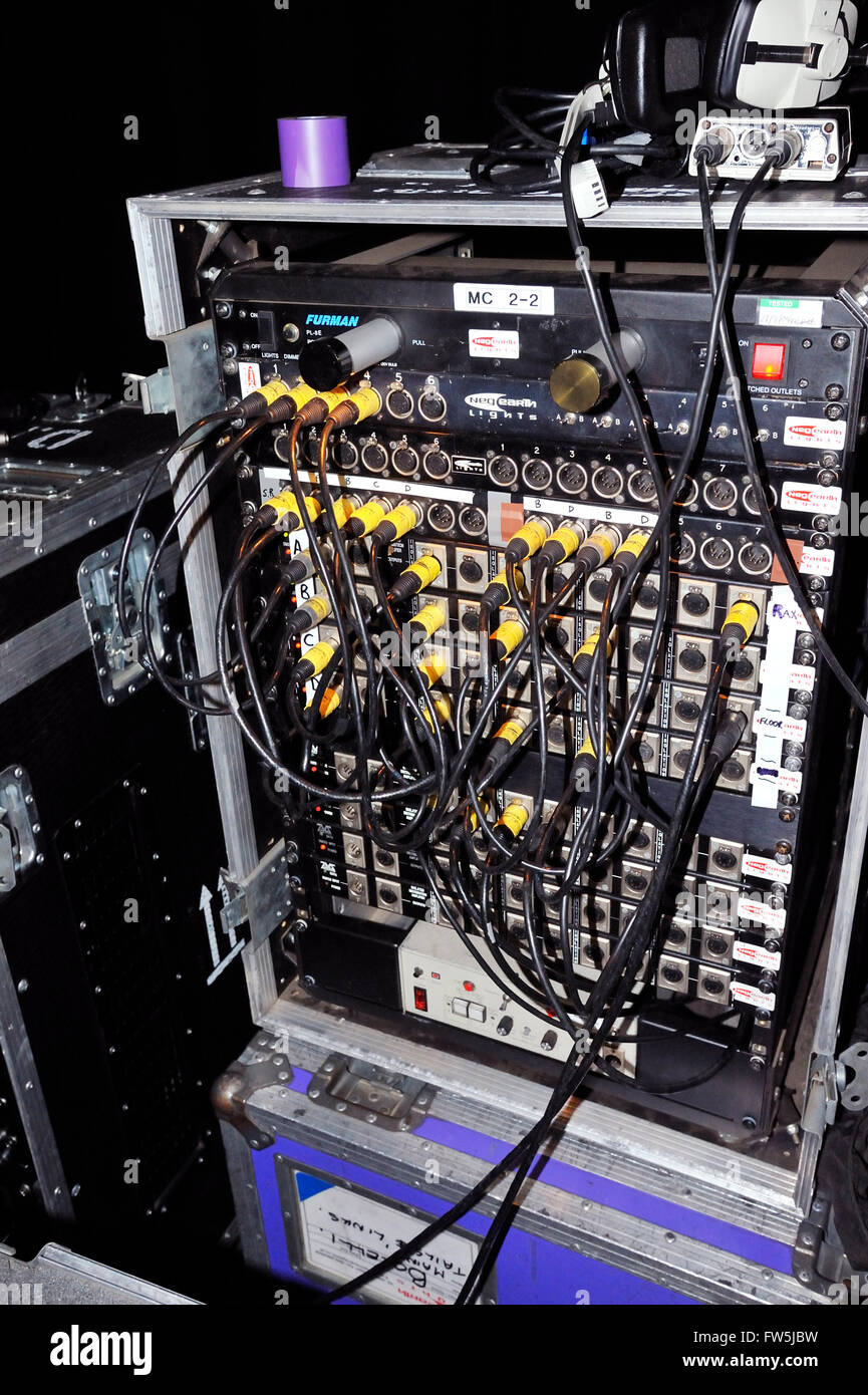 lighting panel control box, that governs the stage lights plugged in, backstage in the auditorium of the O2 Arena, Millennium Dome (Millenium), North Greenwich, London, Stock Photo