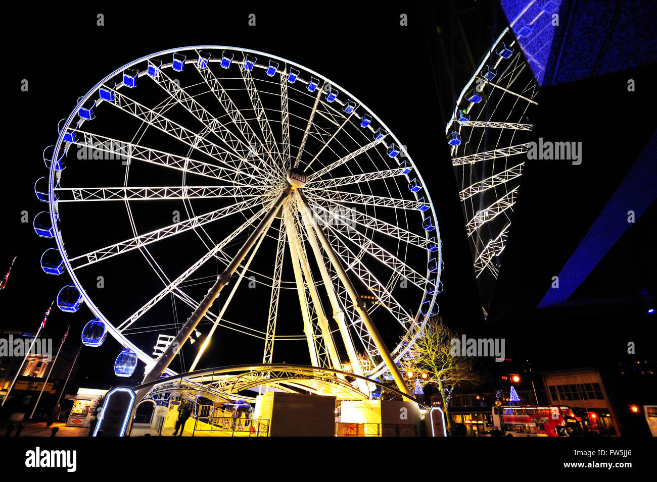 the Wheel of Birmingham (the Birmingham Wheel), reflected in the facade