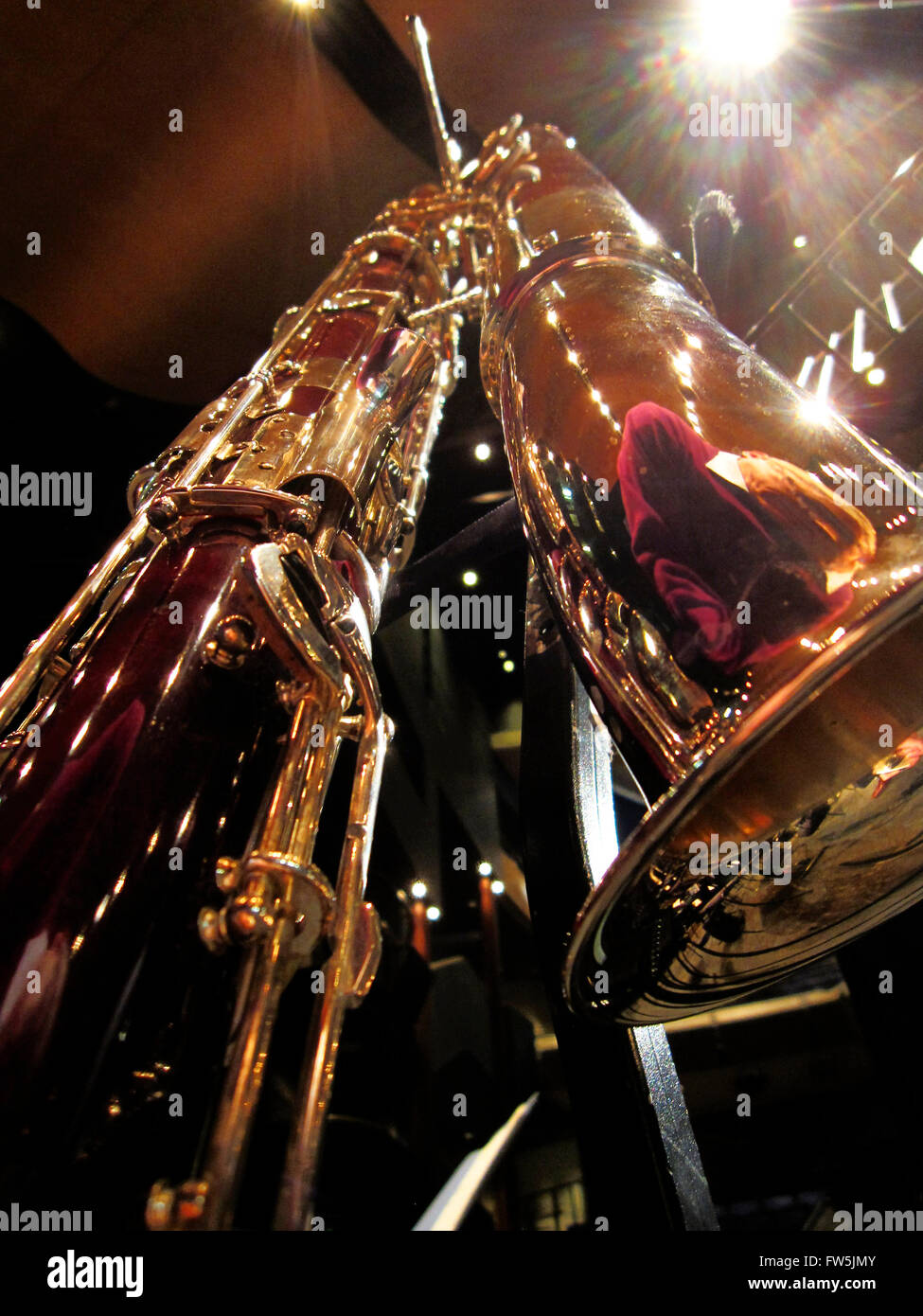 German contrabassoon (double bassoon) by Mollenhauer of Kassel; seen looking upwards from under