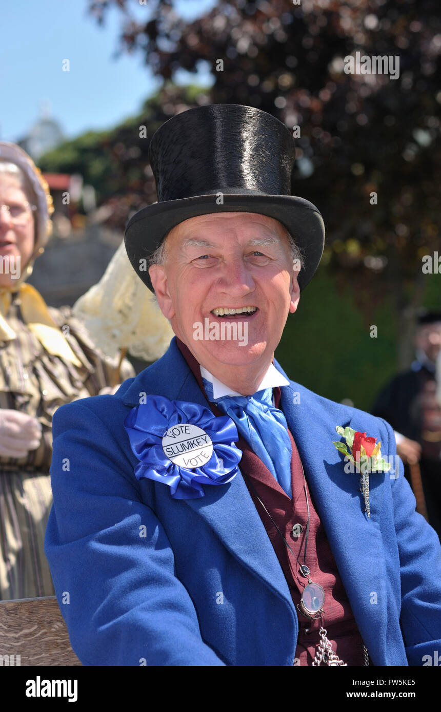 Rochester Dickens Festival grand parade, Kent. Smiling gentleman in top hat and the blue tail coat of The Pickwick Club (from Stock Photo