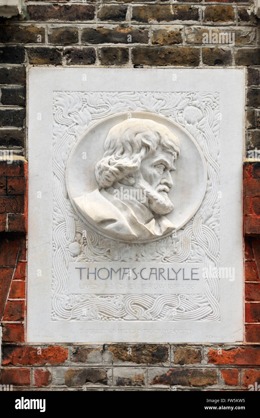 Thomas Carlyle portrait plaque , Cheyne Row, Chelsea, London,  home of Thomas Carlyle, Scottish writer, critic, essayist, Stock Photo