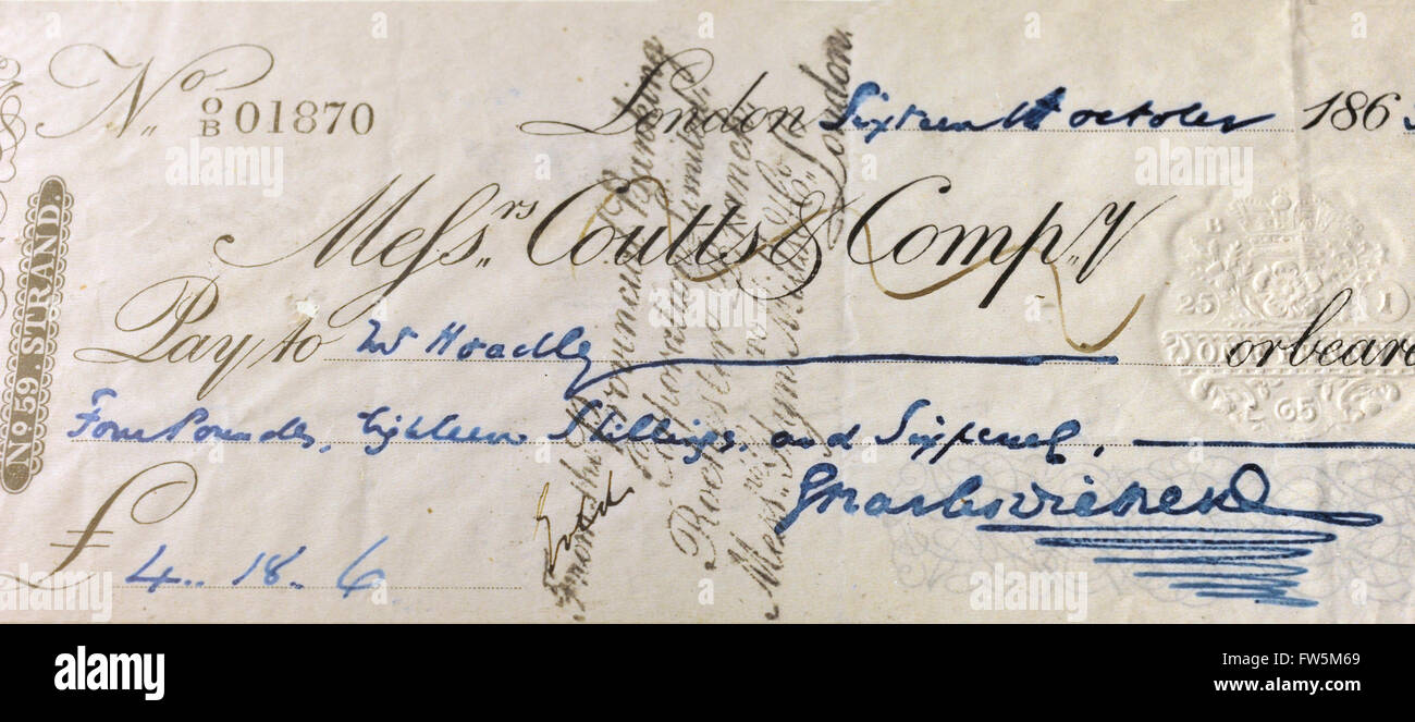 cheque signed by Charles Dickens in the 1860s. At the Charles Dickens Birthplace Museum; 393 Old Commercial Road, Portsmouth, PO1 4QL; the home of John and Elizabeth Dickens when he worked at the Navy Pay Office. Charles Dickens born 7th February 1812. Stock Photo