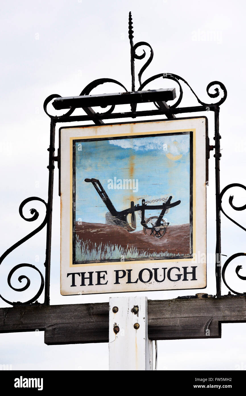 pub sign, The Plough Inn, Blundeston near Lowestoft, Suffolk. Described as the home of David Copperfield in the novel of that Stock Photo