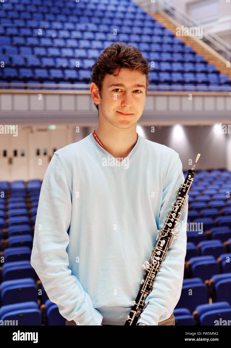 oboist Phillipe Tondre, First Prize winner of the IDRS Fernand Gillet Competition, Birmingham Town Hall, June 2010. Born in 1989, Philippe Tondre joined the class of David Walter and Jacques Tys at the Conservatoire National Supérieur de Musique de Paris in 2006. Since October 2008 he has been principal oboe of the Radio Sinfonie Orchester Stuttgart des WER. Winner of Third Prize and Special Prize of the International Competition of the Prague Spring in 2008, 3rd prize, Geneva 2010, the Second Prize at the International Competition of Karuizawa sponsored by the Sony Music Foundation in 2009 . Stock Photo