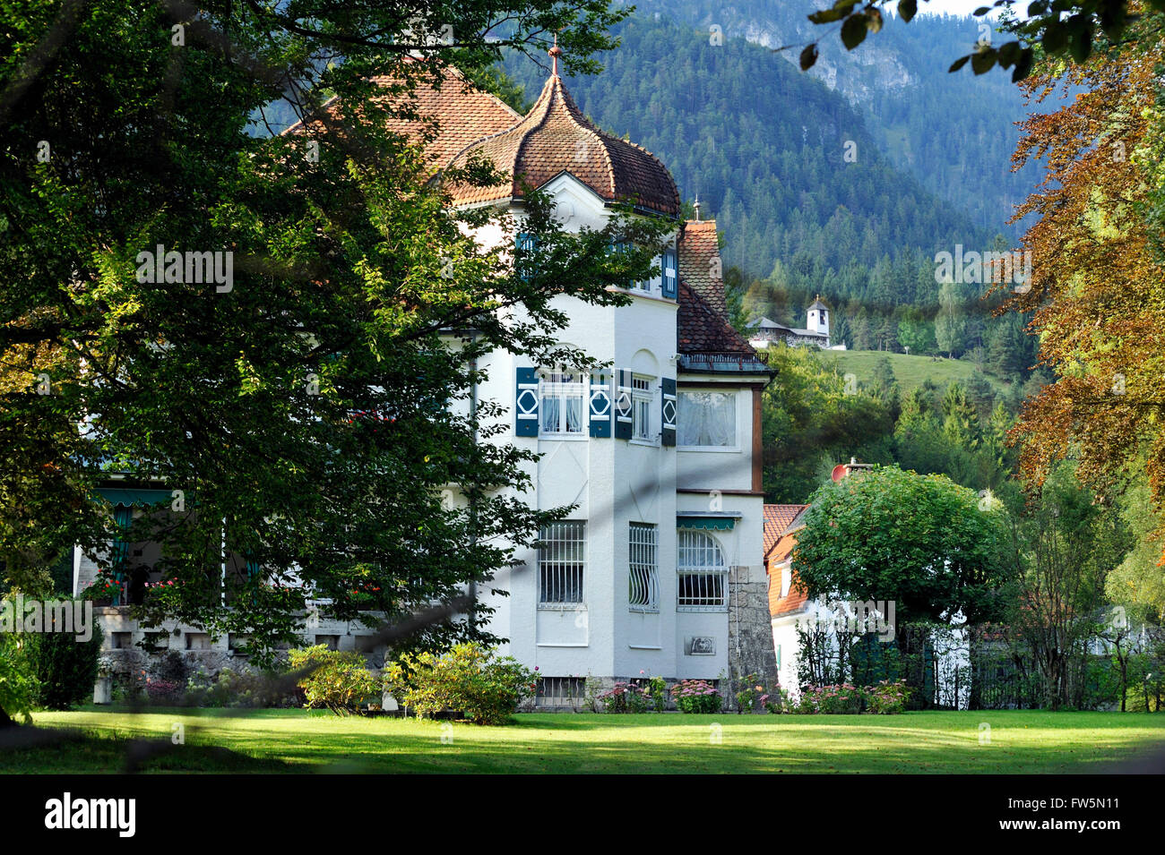 Villa Strauss, the home of German opera and symphonic composer Richard Strauss at Zoeppritzstrasse, 42, on the outskirts of Garmisch, Bavaria. The villa was built for Richard and Pauline Strauss by the Bavarian jugendstil architect Emanuel von Seidl, after extensive consultation with the couple about their requirements, and supposedly paid for with the profits from Strauss' opera Salome. Initially a holiday home from 1908, Richard and Pauline Strauss lived here until his death in 1949. Most of his major works were written here. The Kramerspitz rises behind the villa; the facade looks across to Stock Photo