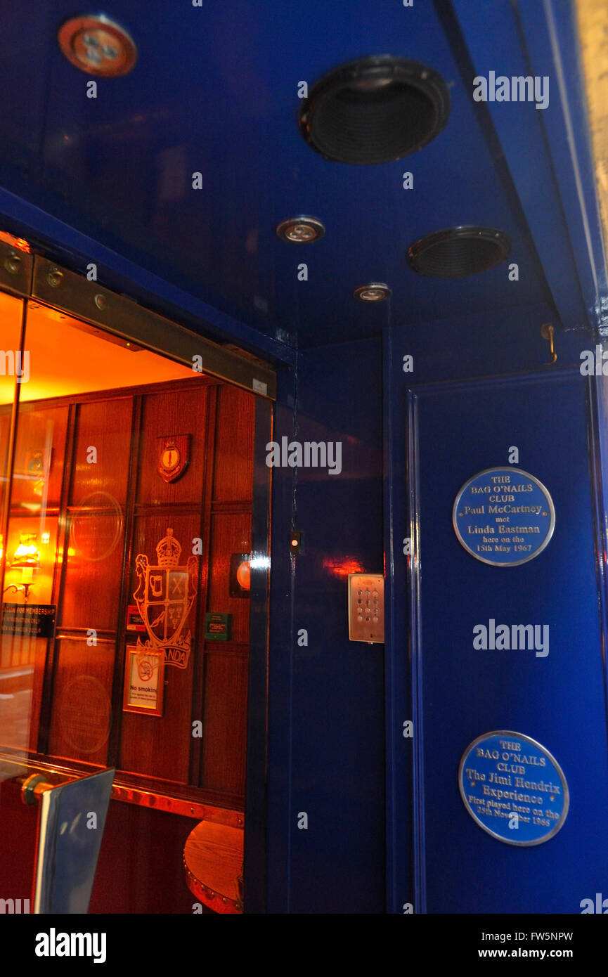 Bag O'Nails, Miranda Club, at 9, Kingly St., off Carnaby St., London W1. The club doorway with brass plaques. The club has run from the 1920s, and has featured Jimmy Dorsey, jazz musicians Jimmy Skidmore and Kenny Baker& Duke Ellington's Quartet and Georgie Fame; The Beatles were often seen here. Jimi Hendrix, rock guitarist, played his debut gig in the UK in November 1966 using the club's DJ booth, which looks still as it was: the Jimi Hendrix Experience. Stock Photo