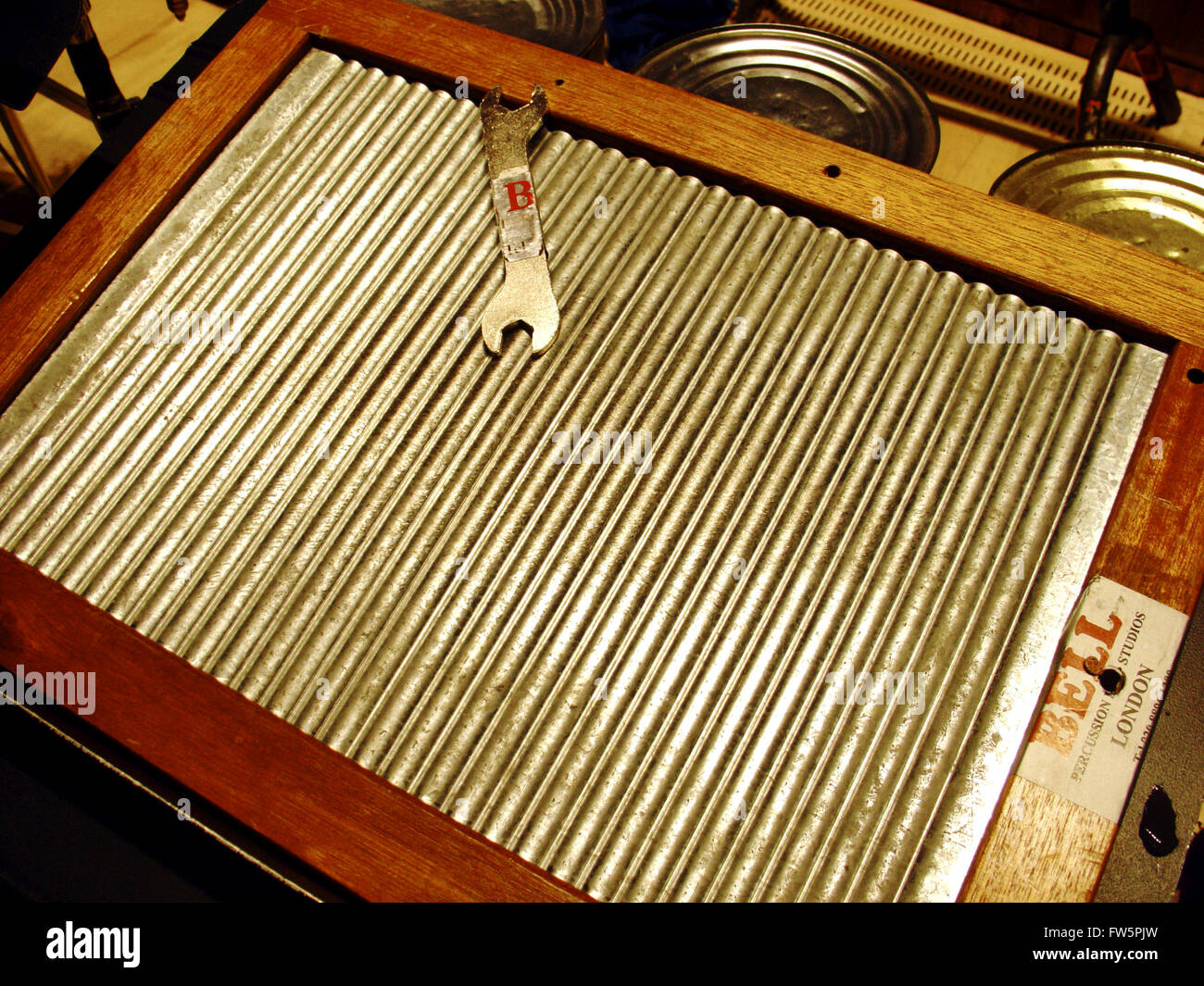 Washboard, percussion instrument, wash board, played in the orchestra, in Latin and light music. With a spanner as scraper. Om Stock Photo