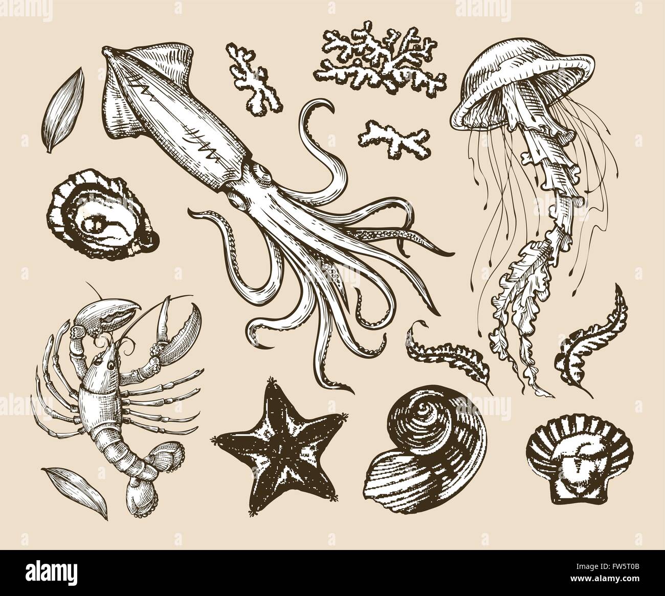 Hand drawn sketch set seafood, sea animals. Vector illustration Stock Vector