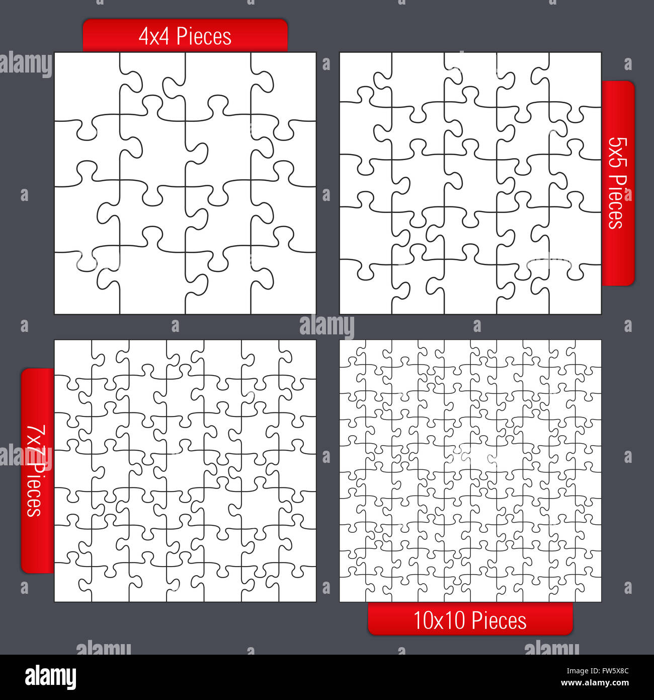 Jigsaw puzzle templates set, four different sizes, 4x4, 5z5, 7x7 and 10x10  Stock Photo - Alamy