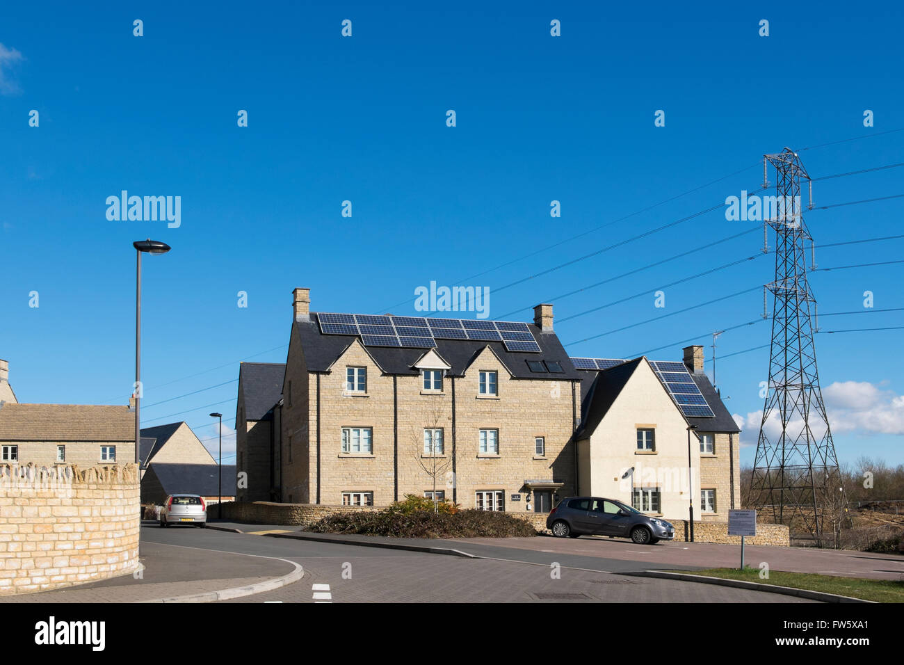 Solar panels on the roof of houses at a new housing development on the