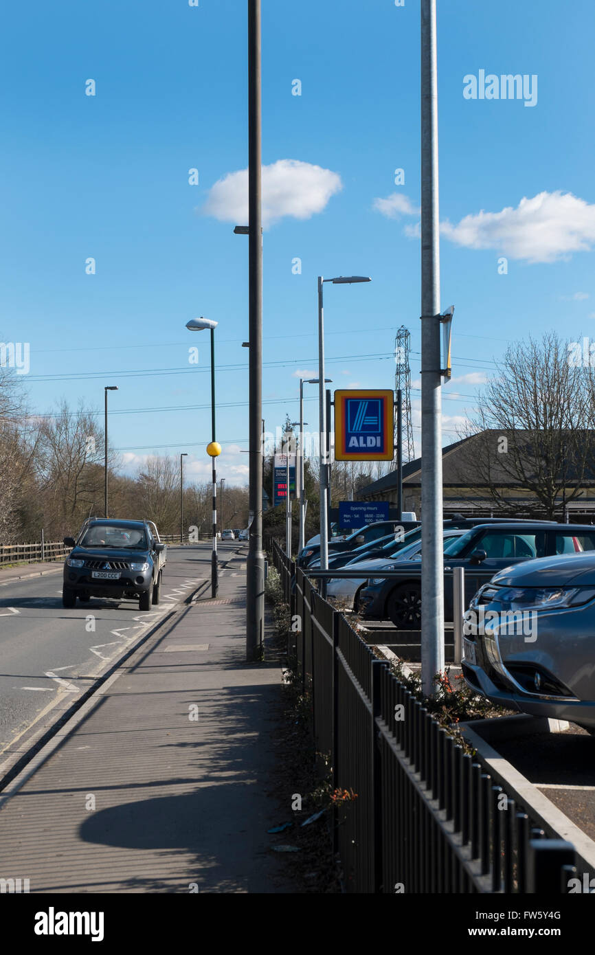 Aldi and Tesco adjacent stores in Cirencester, Gloucestershire, UK