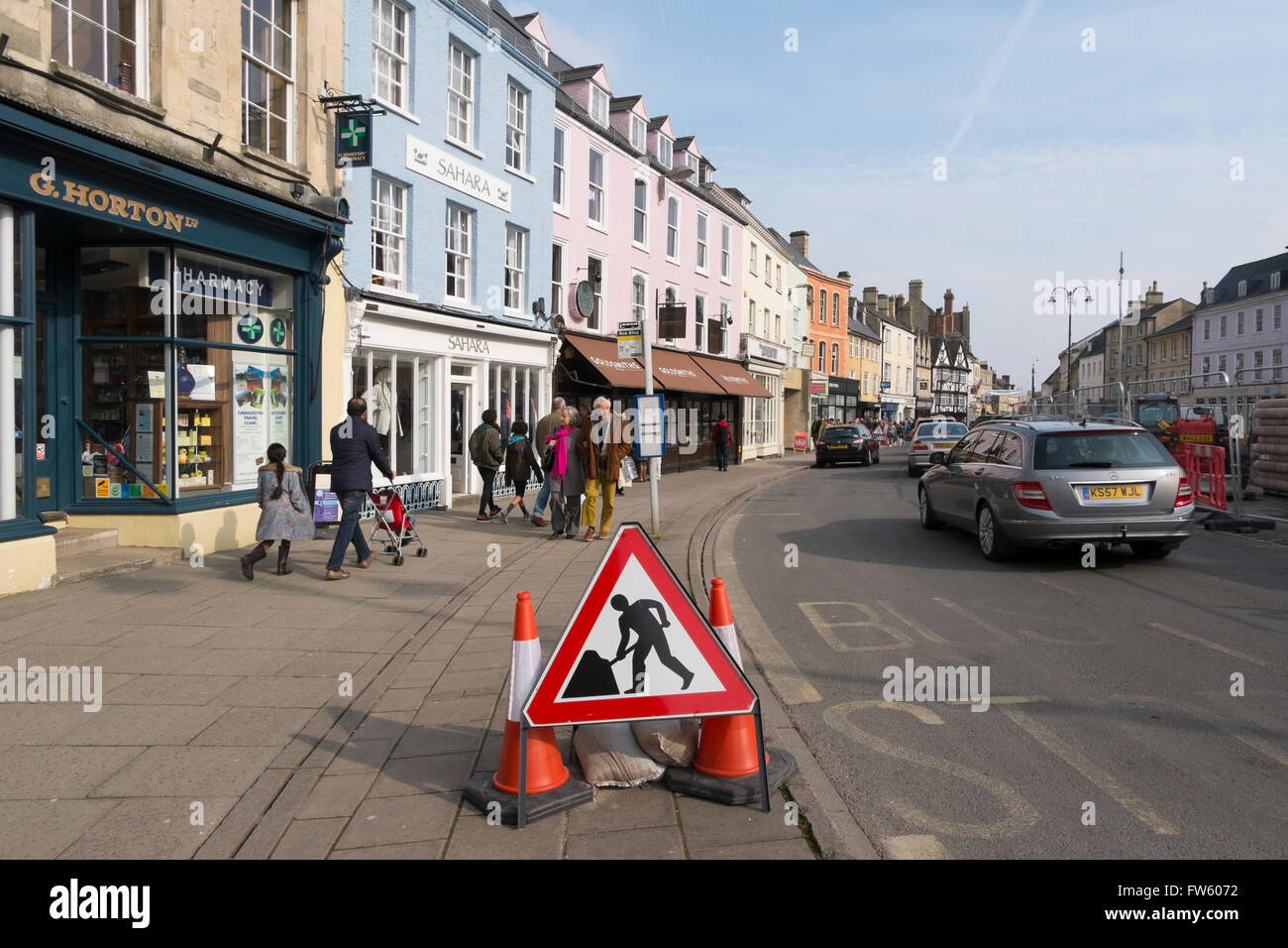 Shops and roadworks in Market Place, Cirencester, Gloucestershire, UK Stock Photo Alamy