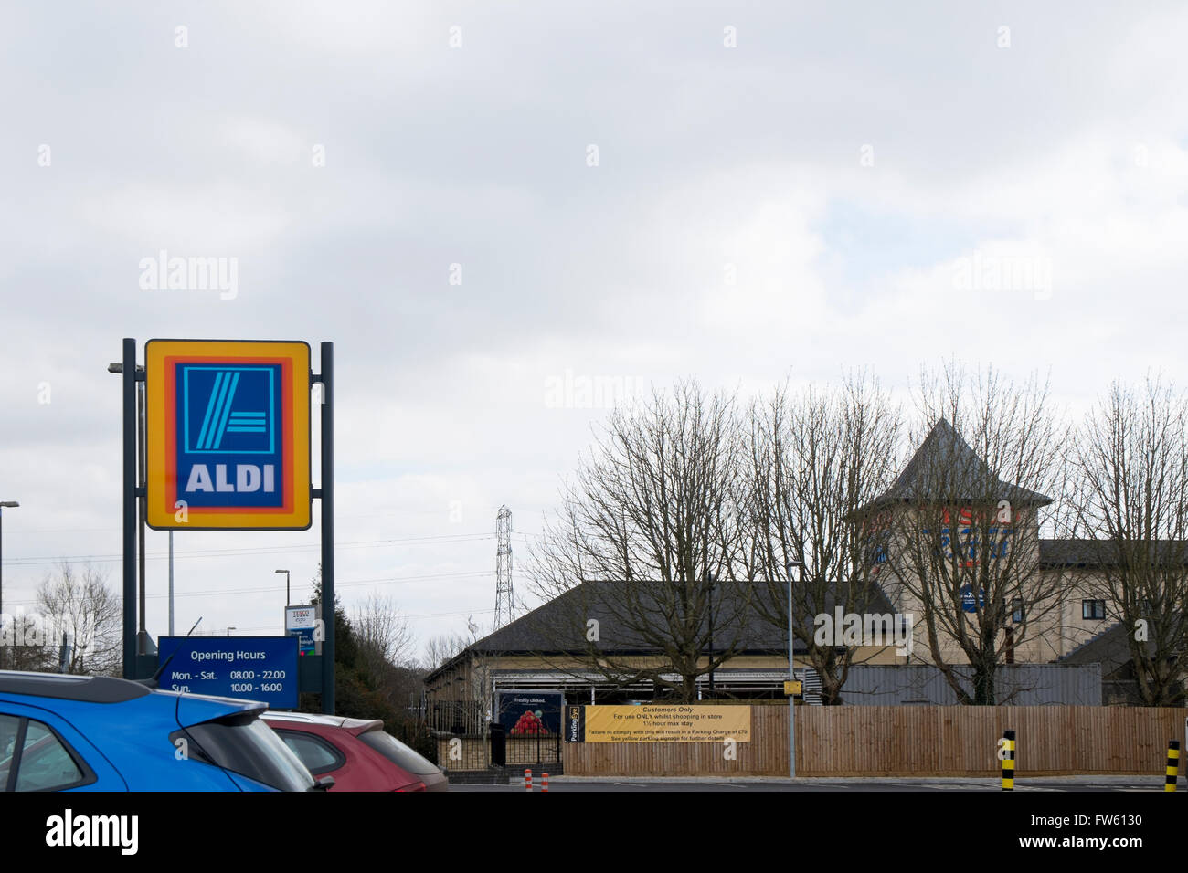 Aldi and Tesco adjacent stores in Cirencester, Gloucestershire, UK