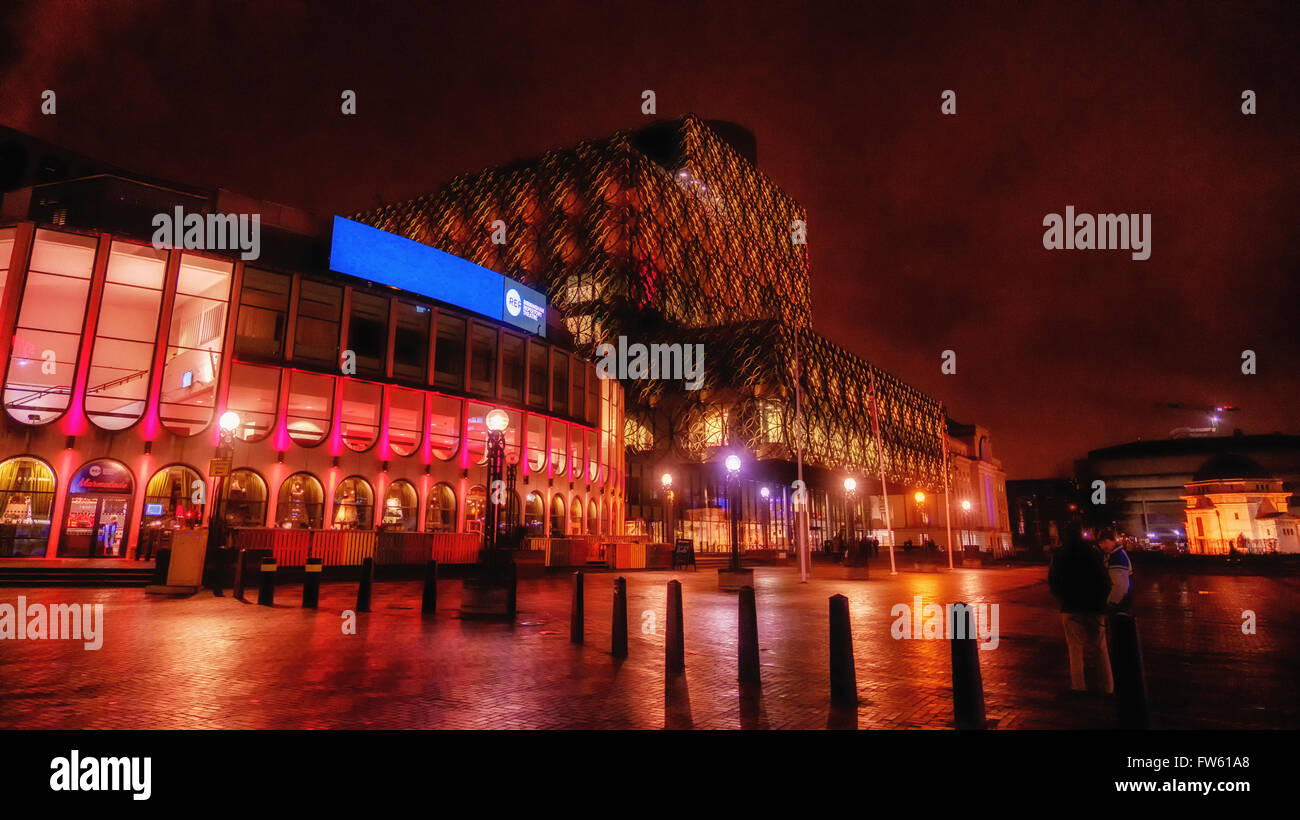 Exterior of Birmingham Repertory Theatre in Centenary Square by night. Stock Photo