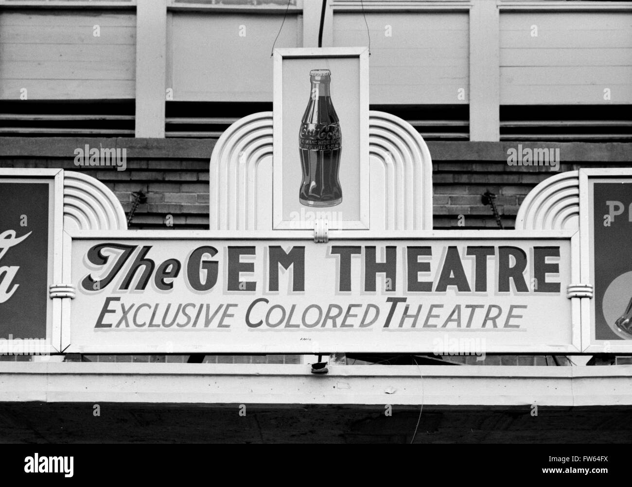 Racial Segregation, USA. "Exclusive Colored Theatre" sign above a movie theater in Waco, Texas, USA. Photo by Russell Lee, 1939 Stock Photo