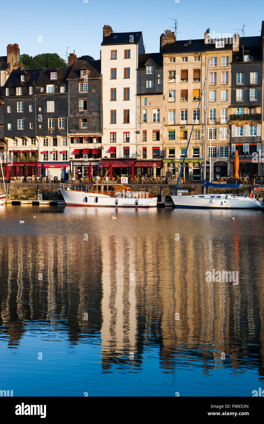 Houses at the old harbor with reflections, Vieux Bassin, Honfleur, Calvados, Normandy, France Stock Photo