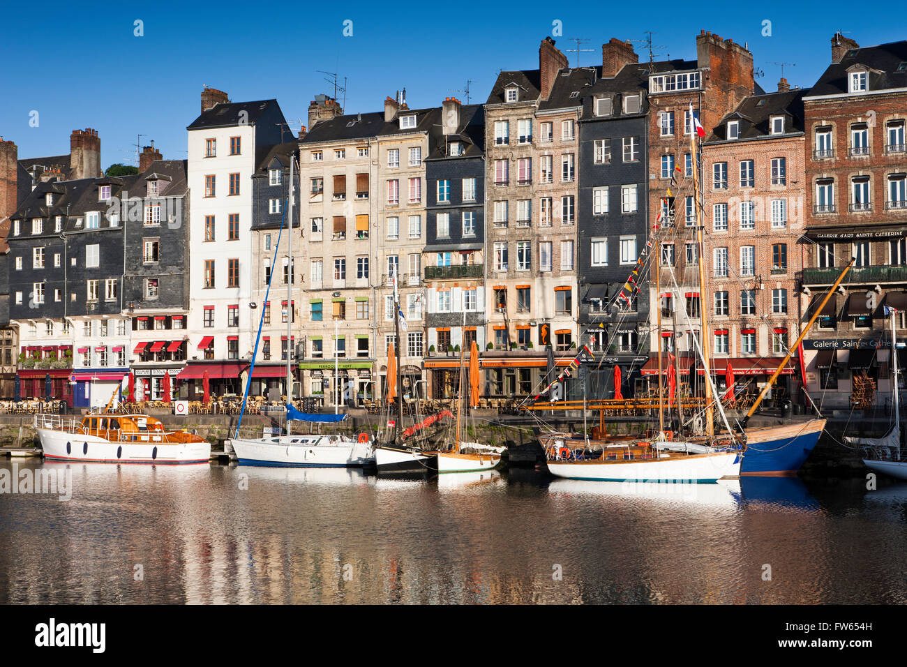 Houses and boats at the old harbor, Vieux Bassin, Honfleur, Calvados, Normandy, France Stock Photo
