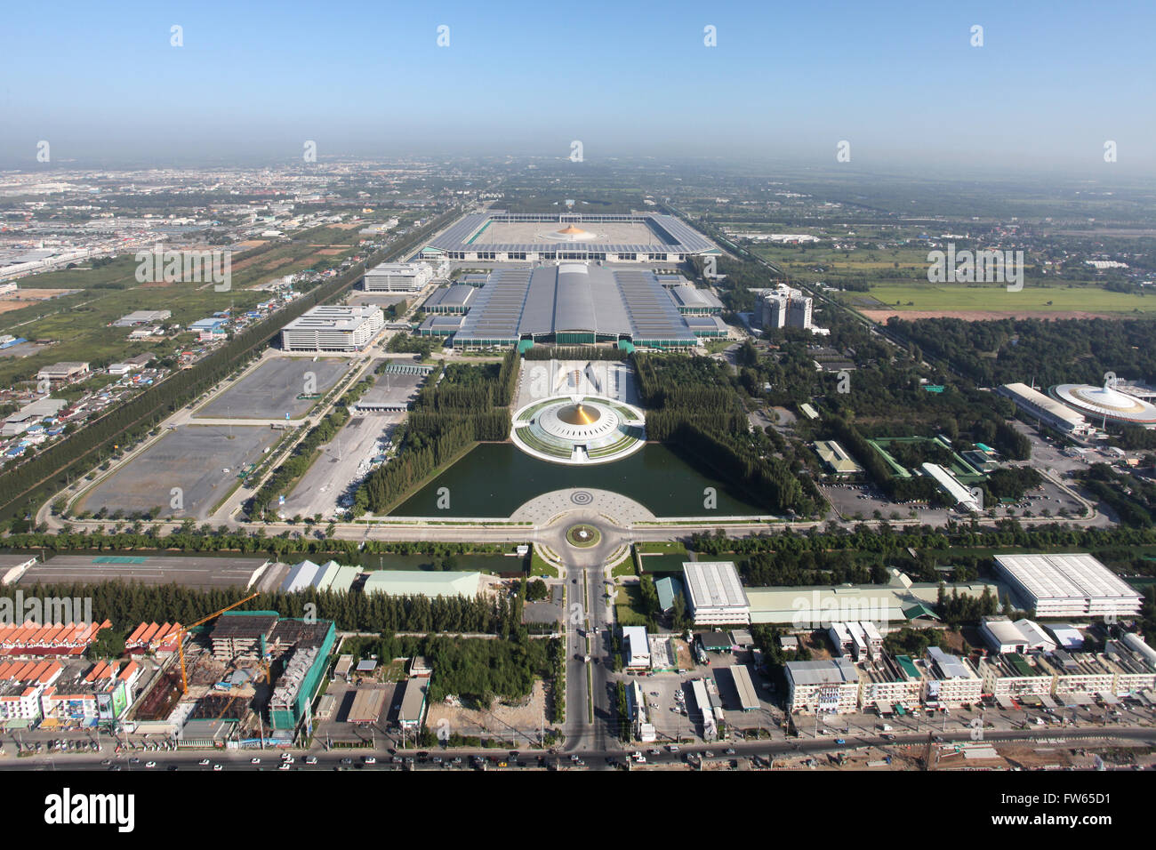 Aerial view of the Dhammakaya complex with the Wat Phra Dhammakaya Temple, Khlong Luang District, Pathum Thani, Bangkok Stock Photo