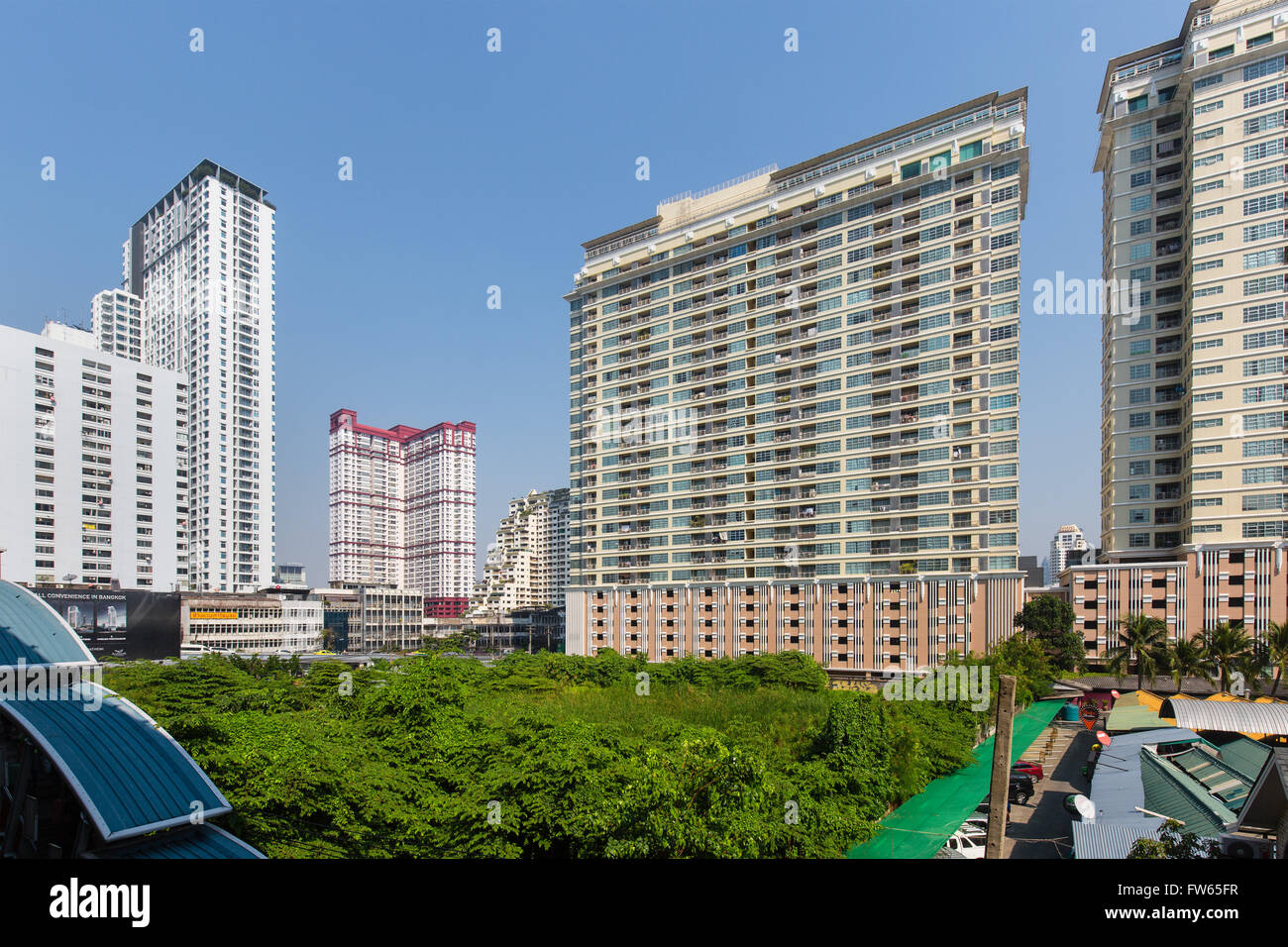 Condominiums or freehold flats, residential blocks at the Ratchathewi BTS station, Bangkok, Thailand Stock Photo