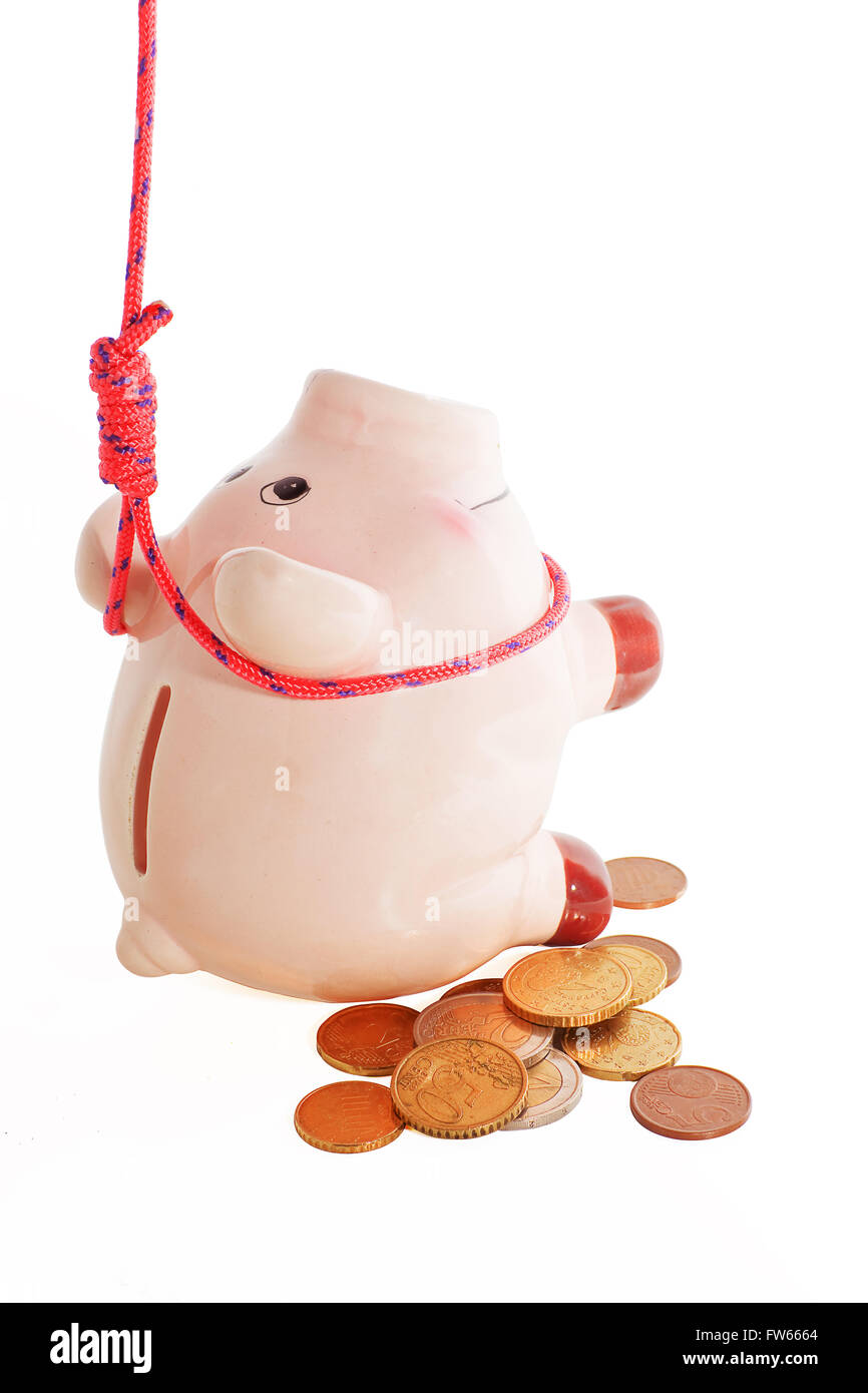 suicide of piggybank,  metaphor of financial crisis Stock Photo