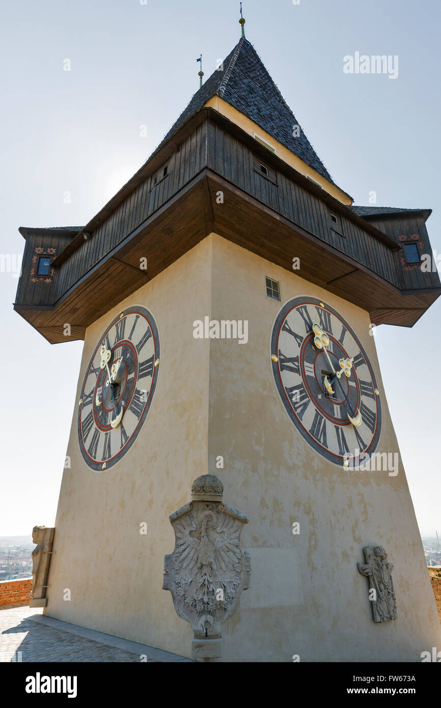 old clock tower Uhrturm on Schlossberg fortress in Graz, Austria Stock ...