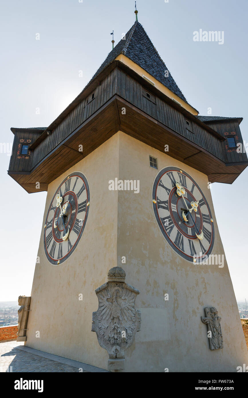 old clock tower Uhrturm on Schlossberg fortress in Graz, Austria Stock Photo