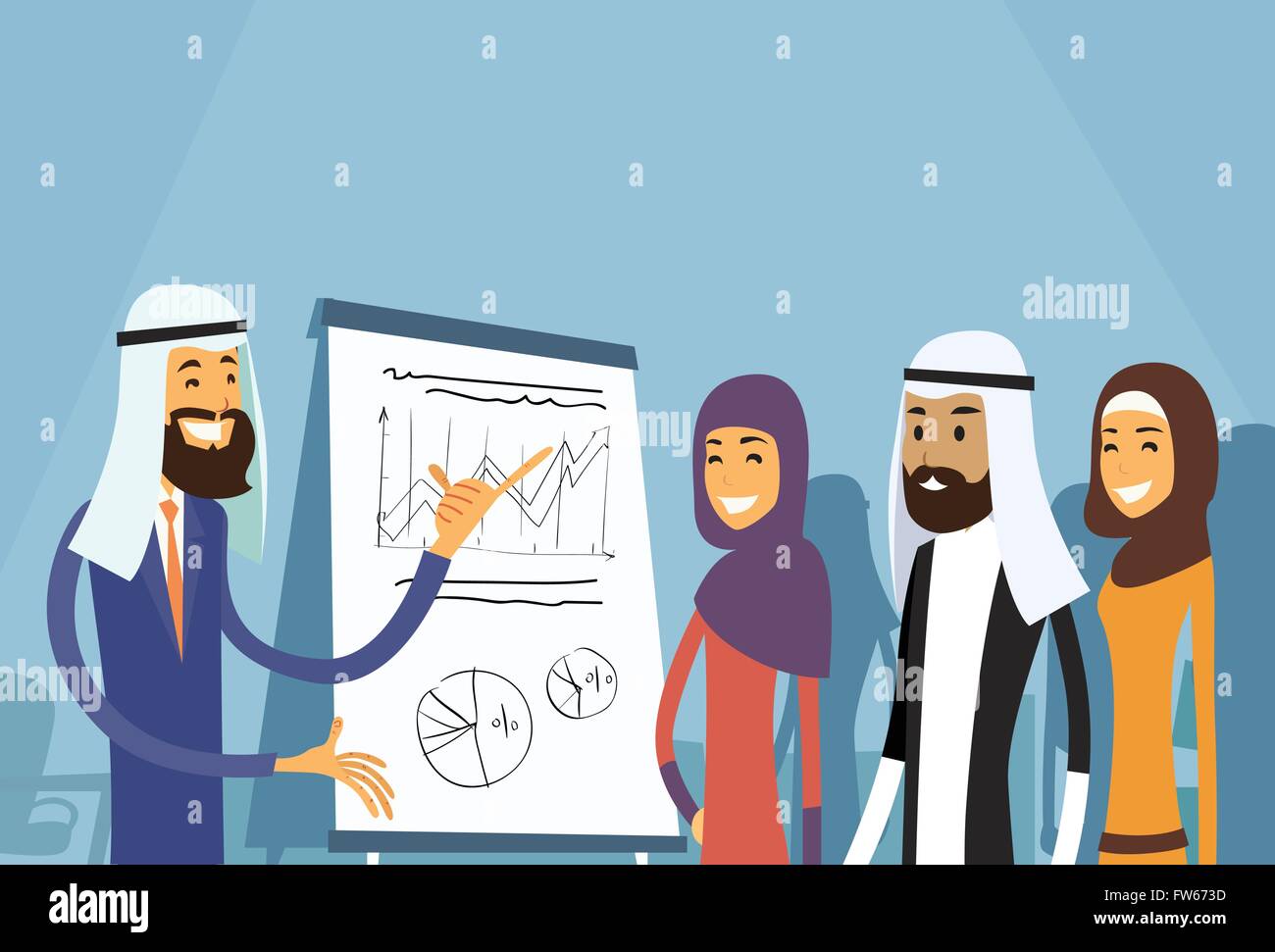 Arab Business People Group Presentation Flip Chart Finance, Arabic