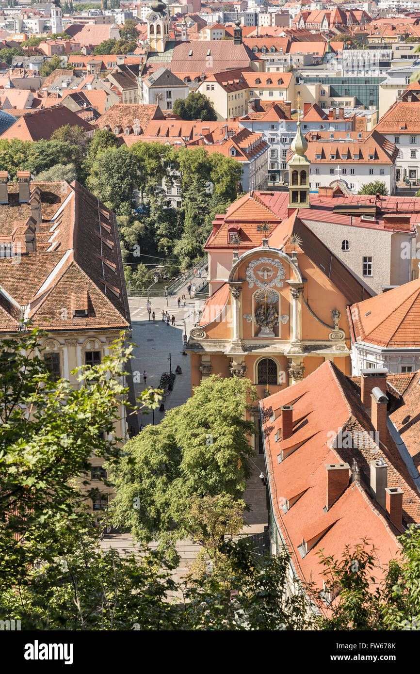 Graz downtown autumn aerial cityscape with Dreifaltigkeitskirche Church ...