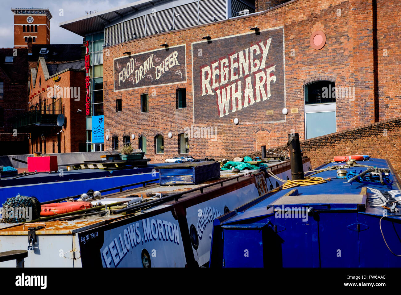 Canal boats at Regency Wharf in the centre of Birmingham, England Stock