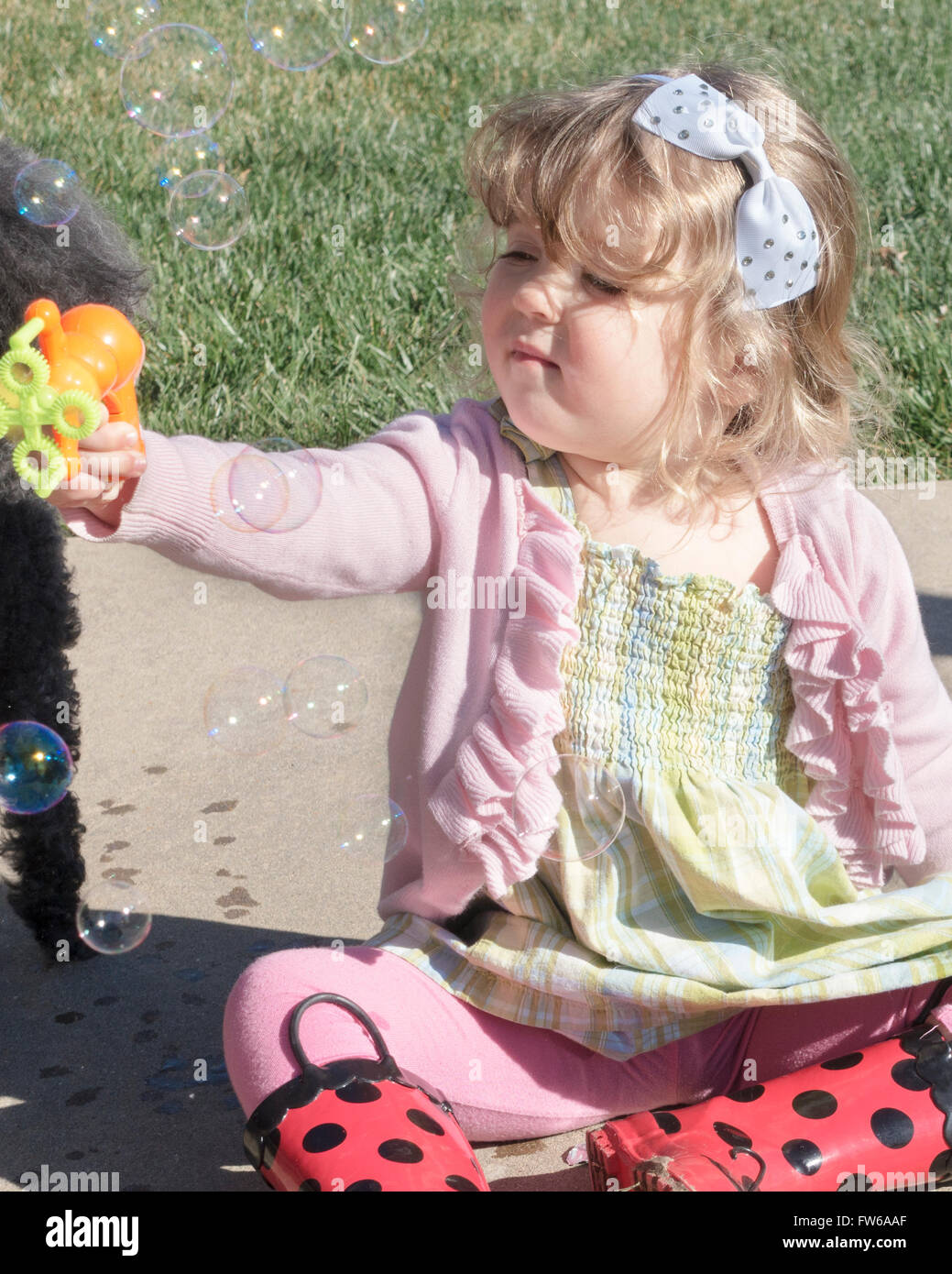 A two year old Caucasian toddler girl makes soap bubbles with a toy bubble maker. Stock Photo