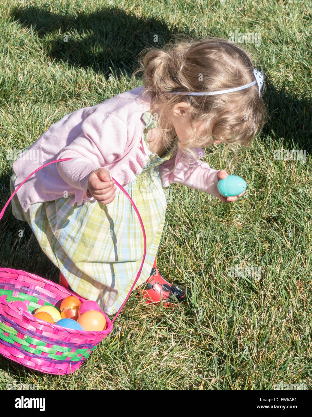 A two year old Caucasian toddler girl hunts Easter eggs, picking one up from the grass. Stock Photo