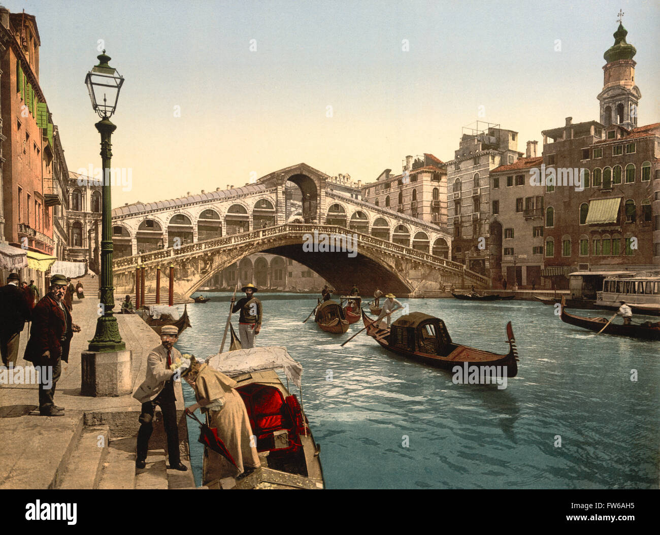 Rialto Bridge, Venice, Italy, Photochrome Print, circa 1900 Stock Photo