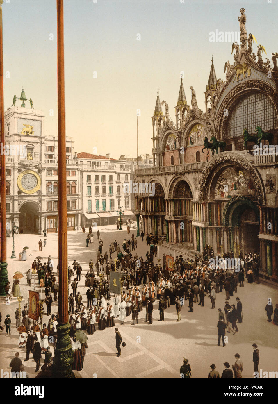 Procession in Front of St. Mark's Cathedral, Venice, Italy, Photochrome Print, circa 1900 Stock Photo