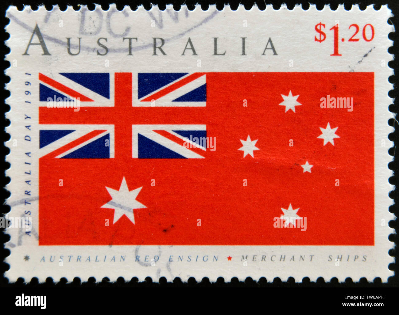 AUSTRALIA - CIRCA 1991: A stamp printed in Australia shows australian red ensign, merchant ships, circa 1991 Stock Photo