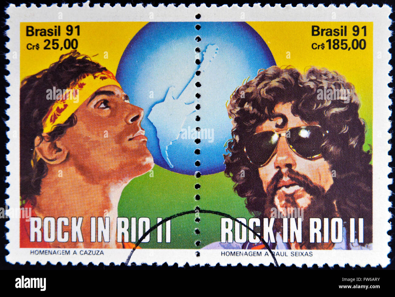BRAZIL - CIRCA 1991: Stamps printed in Brazil dedicated to Rock in Rio, shows Cazuza and Raul Seixas, circa 1991 Stock Photo