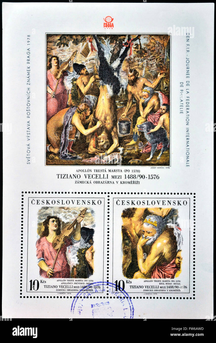 CZECHOSLOVAKIA - CIRCA 1978: Stamps printed in Czechoslovakia shows Flaying of Marsyas by Titian, circa 1978 Stock Photo