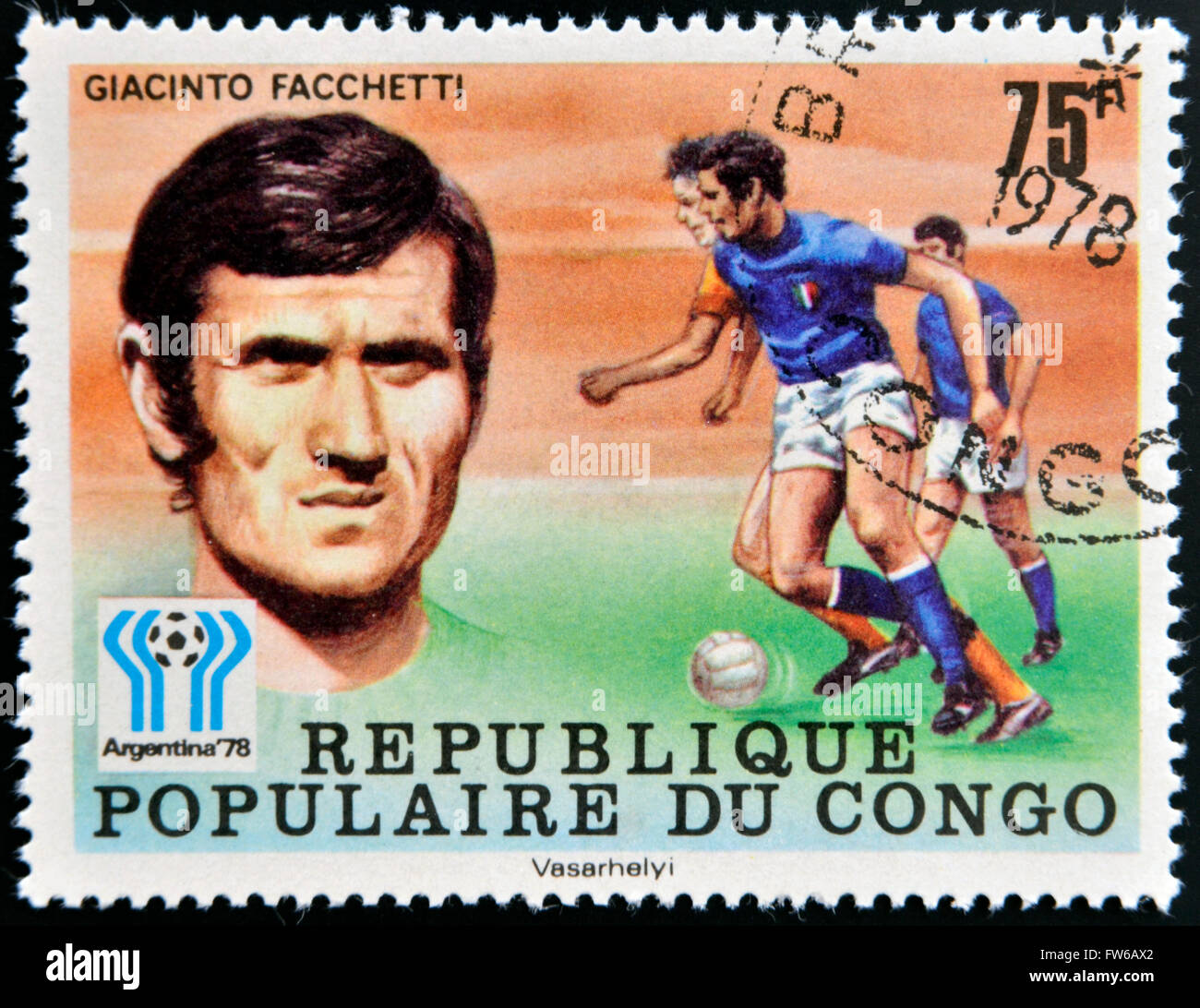 CONGO - CIRCA 1978: A stamp printed in Congo dedicated to the World Cup in Argentina 1978, shows Giacinto Facchetti, circa 1978 Stock Photo